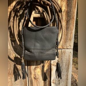 Western Crossbody bag, faux leather, braided strap, tassels, zipper closure